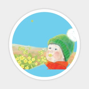 Little boy with primrose flower in mouth Magnet